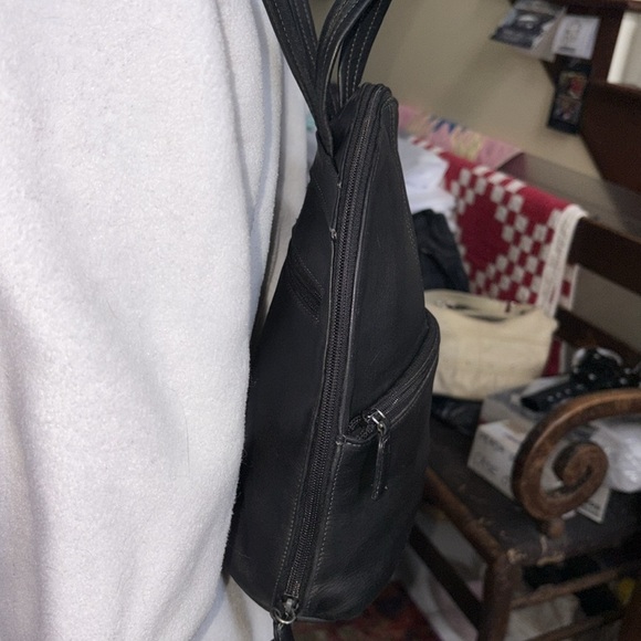 Tignanello backpack  mini backpack leather  black  2 exterior zipper pockets EUC main image 4